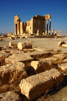Relics Palmyra in Syria against blue sky. Ancient Roman time town in Palmyra (Tadmor), Syria.