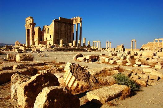 Relics Palmyra in Syria against blue sky. Ancient Roman time town in Palmyra (Tadmor), Syria.