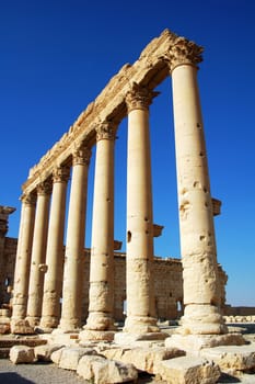 Relics Palmyra in Syria against blue sky. Ancient Roman time town in Palmyra (Tadmor), Syria.