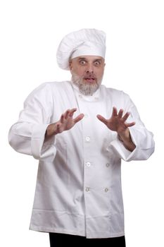 Portrait of a caucasian chef in his uniform on a white background.