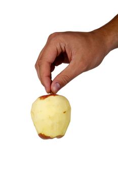 Peeled Gala apple in a hand isolated on a white background.