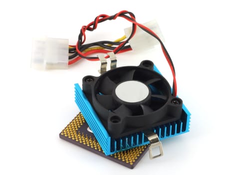 Microprocessor and fan with radiator over white