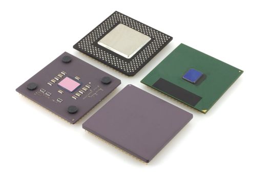 Four microprocessors over white