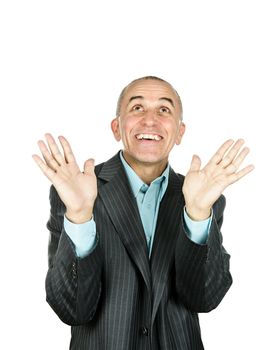 Portrait of happy man looking up in amazement isolated on white background