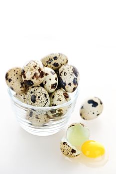 Many small speckled quail eggs with one broken egg