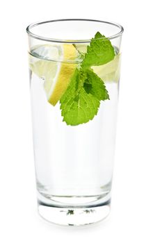 Full glass of water with lemon and mint isolated on white background