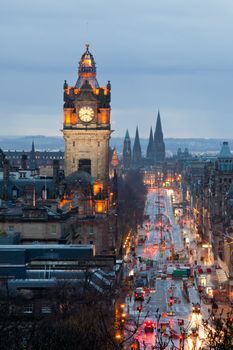 Edinburgh with Clock Tower from Calton Hill at dusk Scotland UK