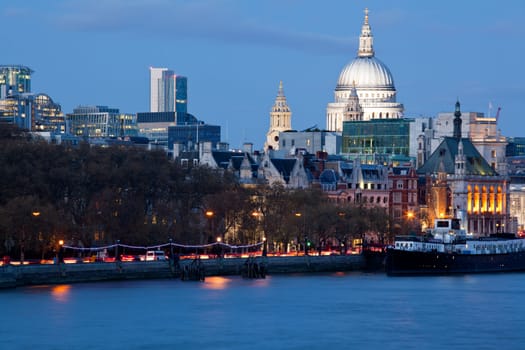 St Paul's Cathedral in London at night with River Thames England UK