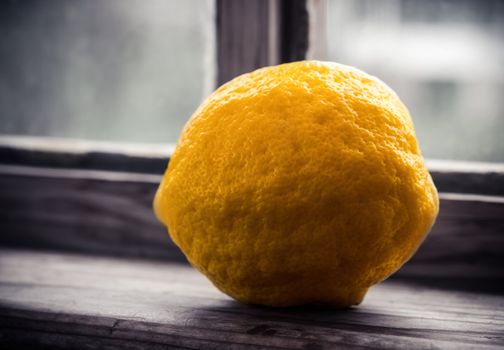 Macro shoot of a lemon sitting on threshold of a rustic window