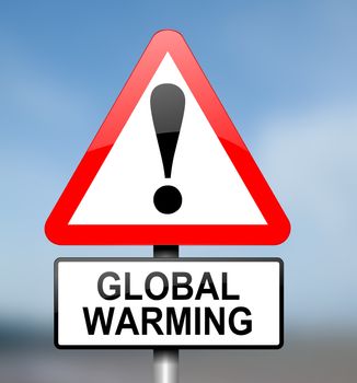 Illustration depicting red and white triangular warning road sign with a global warming concept.Blurred background.