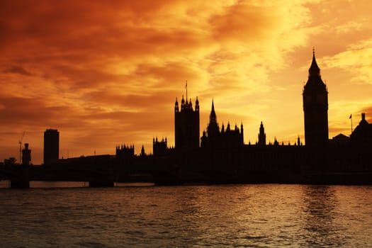 The silhouette of Westminster and the Houses of Parliament at sunset