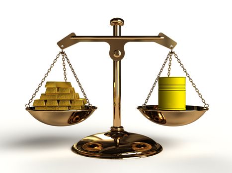 The cost of Pollution; On a golden balance, are compared in a yellow oil drum and a lot of gold bullion, computer-generated conceptual image.