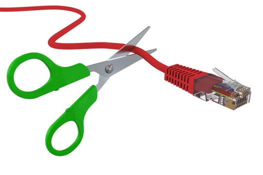 Scissors cut the network cable RJ45. 3D rendering