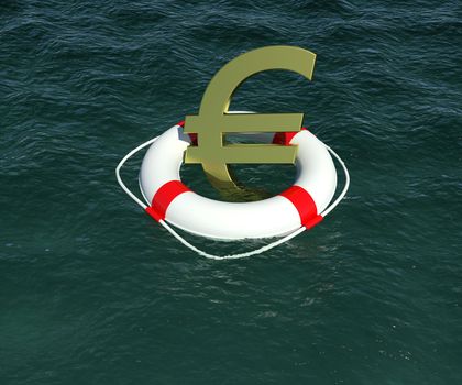 Sign of European currency in rescue disk floats on water. 3d rendering
