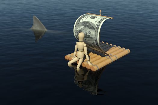 The wooden man floats on a raft with a sail from the dollar. The man lowered his leg in the water. The water can be seen shark fin