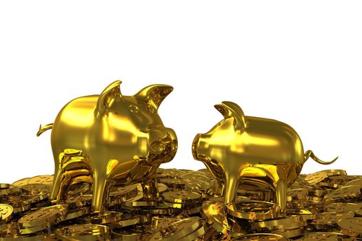 Two golden piggy banks in the gold dollar coins. 3D rendering
