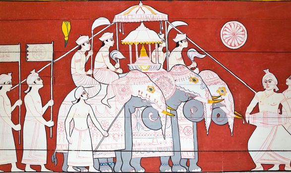 art painting at the entrance to the temple of the sacred tooth of Buddha in Kandy, Sri Lanka