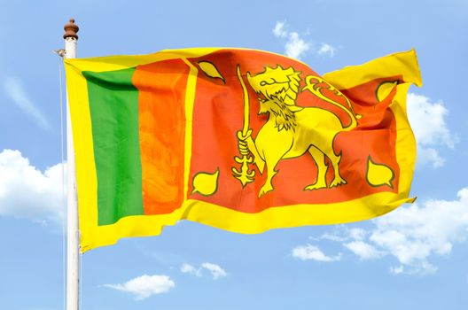 national flag of Sri Lanka. yellow cloth. On the left side - of equal stripes of green and orange, arranged vertically. In the right - yellow lion with a sword in a dark red rectangle. In the corners of the rectangle are four images of sheets of wood bodhi yellow.
