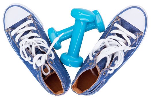 pair of simple gumshoes ( sneakers ) of denim canvas  on a white background