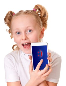 school-aged girl holding unrecognizable smartphone and tablet
