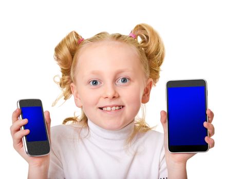 school-aged girl holding unrecognizable smartphone and tablet