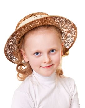 Portrait of schoolgirls in a straw hat on a white background