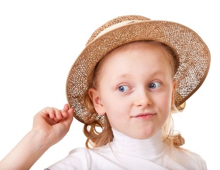 Portrait of schoolgirls in a straw hat on a white background