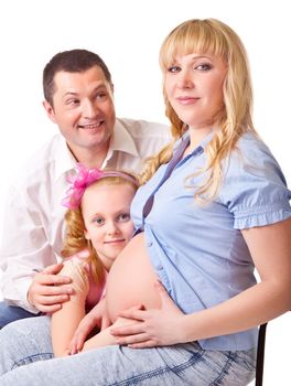 Family. A man, a pregnant woman and child on a white background
