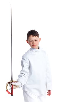 Child epee fencing lunge. Isolated on white background.