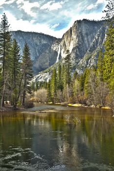 Dramatic Yosemite River and Upper Falls HDR Image.