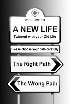 Illustration depicting road signs with a life change concept. Black to white gradient background.