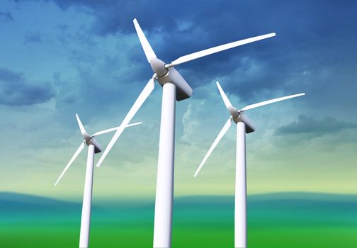 Three white wind turbine generating electricity on blue sky