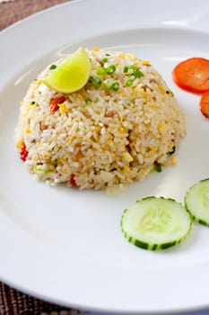 Thai fried rice, served on the dish closed up.