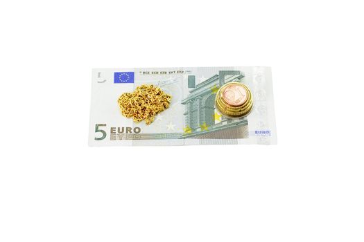 Gold and coin on a EURO bank note with isolated