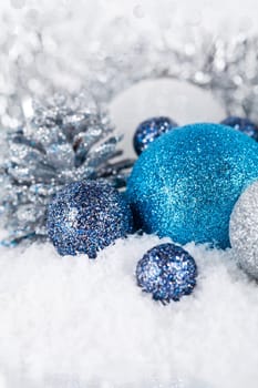 traditional festive christmas decoration glitter in silver and blue