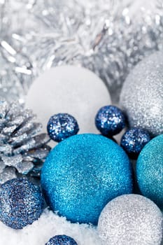traditional festive christmas decoration glitter in silver and blue