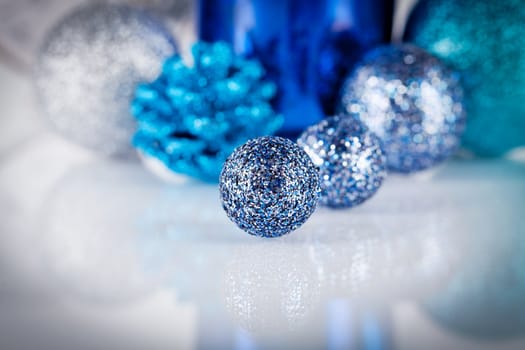 traditional festive christmas decoration glitter in silver and blue