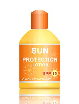 Illustration depicting a single uva SPF 15 sun protection lotion bottle arranged over white.