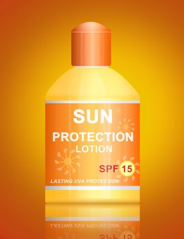 Illustration depicting a single uva SPF 15 sun protection lotion bottle arranged over vibrant golden background.