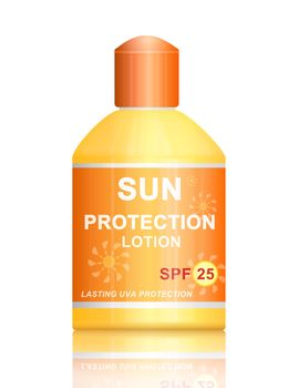 Illustration depicting a single uva sun SPF 25 protection lotion bottle arranged over white.