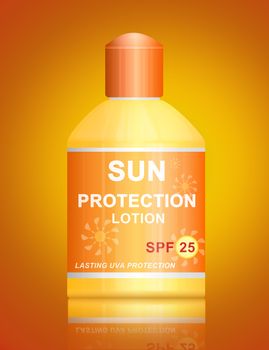 Illustration depicting a single uva SPF 25 sun protection lotion bottle arranged over vibrant golden background.