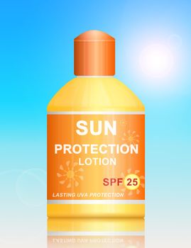 Illustration depicting a single uva SPF 25 sun protection lotion bottle arranged over vibrant blue light effect background.