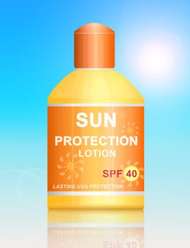 Illustration depicting a single uva SPF 40 sun protection lotion bottle arranged over vibrant blue light effect background.