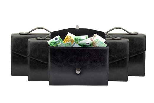 Black briefcase with money on a white background