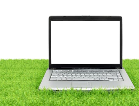 Open laptop showing keyboard and screen isolated on white background