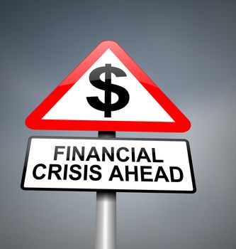 Illustration depicting red and white triangular warning road sign with a financial crisis concept. Blurred dark background.