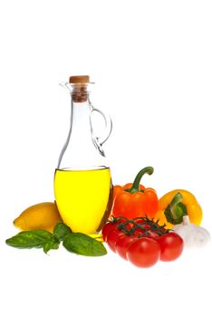 Olive oil Pepper tomato basil shot on a white background.