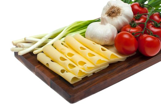 Cheese, garlic, onion shot on a white background.