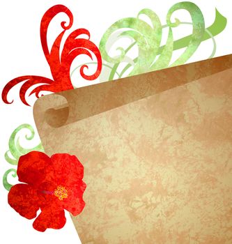 red flower and old paper scroll watercolor illustration