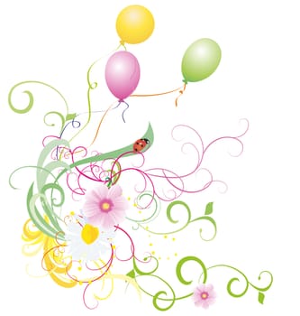 summer vector with ballonns and flowers isolated on white